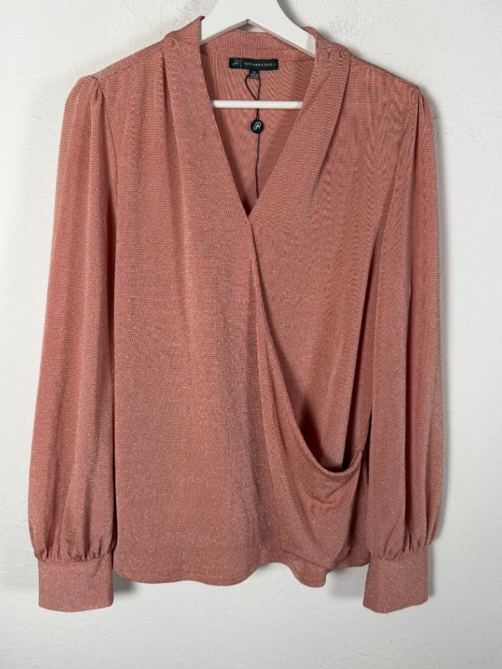 Adrianna Papell Pink Metallic Knit Wrap Top Medium Shimmer Balloon Sleeve NWOT